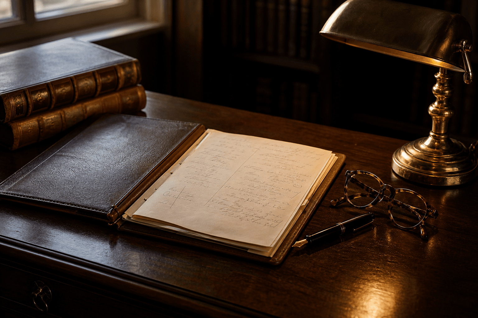 Still-life of an open case file, brass desk lamp, and antique fountain pen on a mahogany desk