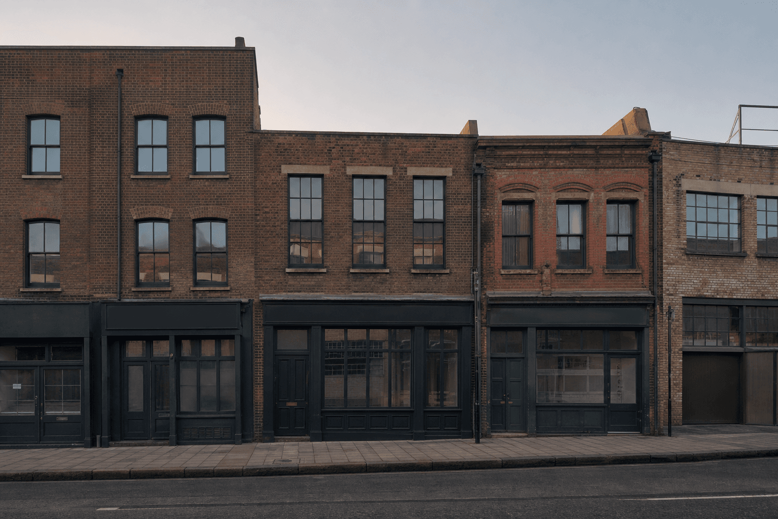 Row of modest brick-fronted commercial buildings on a quiet East London street at dawn