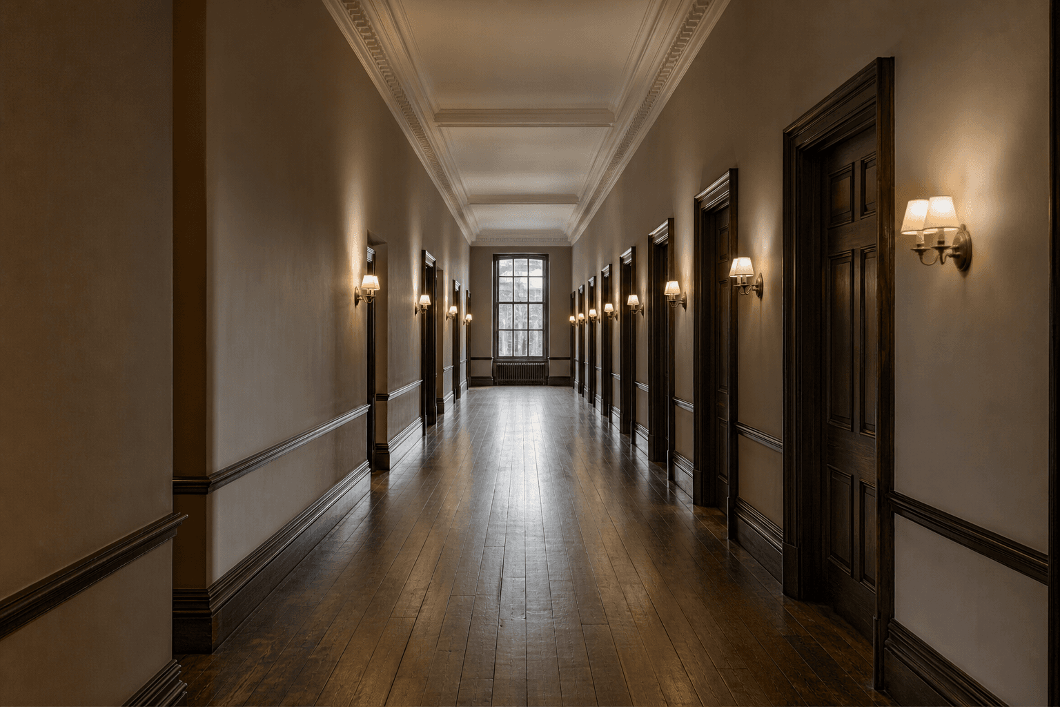 Long quiet corridor inside a traditional English law-firm building with closed dark wooden office doors