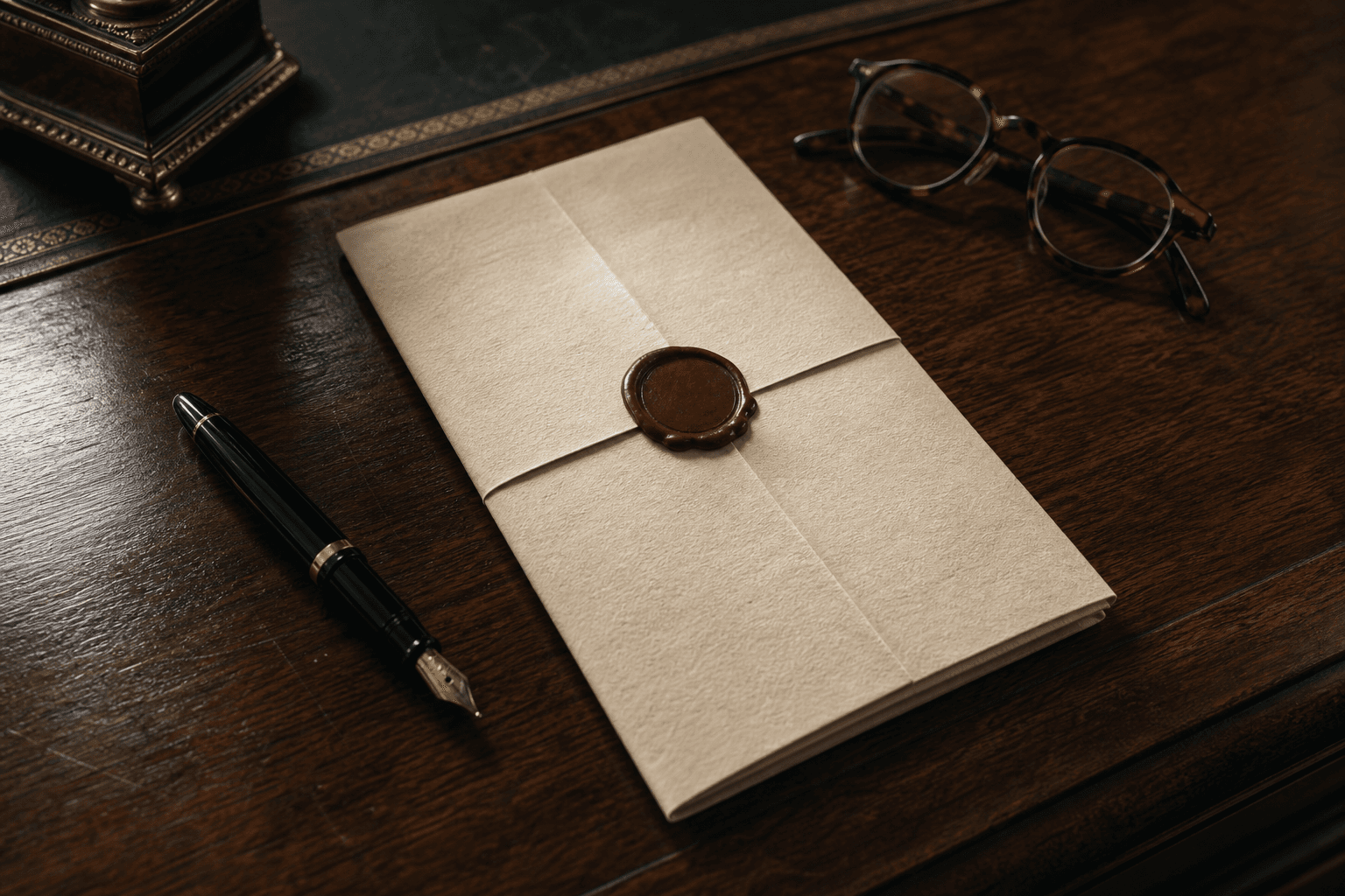 Still-life of a folded cream parchment sealed with burgundy wax beside a fountain pen on an antique desk
