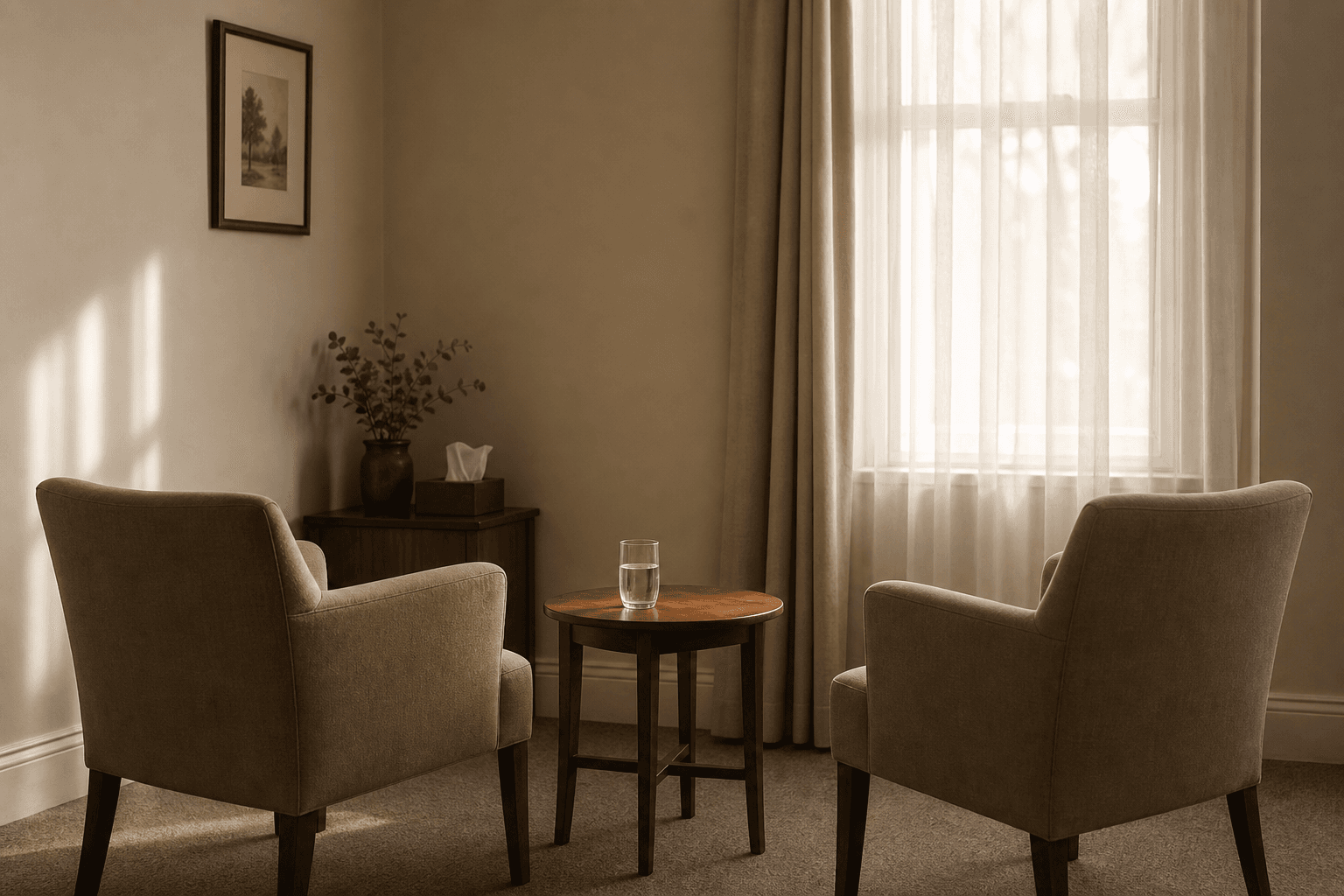 Quiet meeting room with two upholstered chairs angled toward a small round table