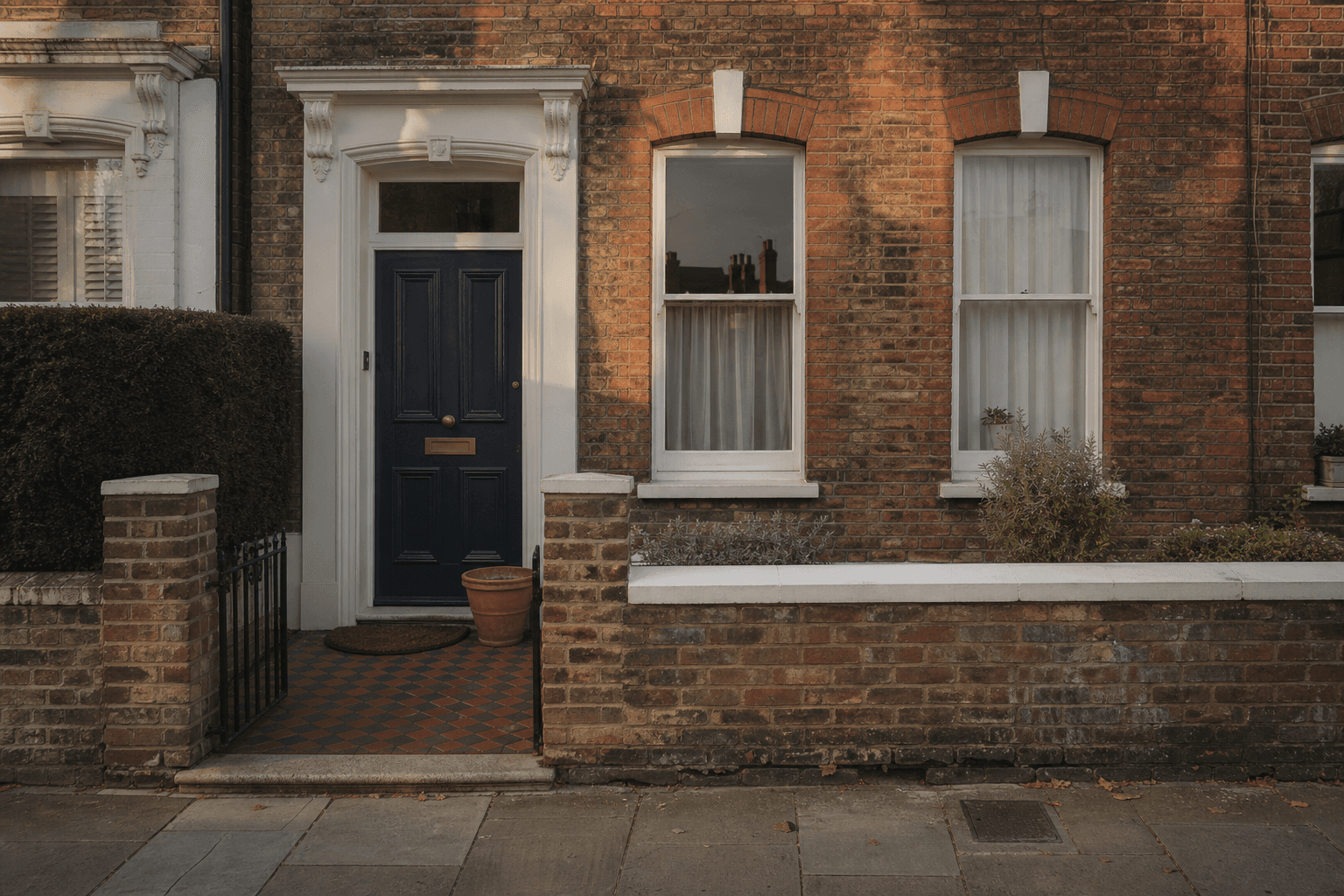 Front facade of a Victorian terraced house with a navy front door in soft late afternoon light